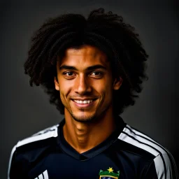 85mm DSLR color photography of a very detailed headshot fitting all of head and hair in frame. 23-year-old Brazilian soccer player, with and with no facial hair and has a with a small smile, grey background has a soft look on his face has smooth long hair