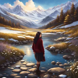 country side ,blue sky , snow on mountains, pretty clouds ,small rocky river with clear water small rocks in floor,wild flowers,beautiful Snow White, long shiny black curvy hair, wearing a burgundy sweater with the word Azerbeyjan written on it, in gold, work clothes, standing, super realistic Fairy lights, intricate detail, texture, depth, vividness, movement, namex, energy, bioluminescence, stunning, epic, ultra-detailed, 8K photography by Miki Asai Macro, close-up, extremely detailed, po