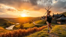 a village over high grassy hills,a small fall and river and wild flowers at river sides, trees houses ,next to Ripe wheat ready for harvest farm,windmill ,a few village local shops ,cloudy sun set sky, a beautifull lady in sports suit runimg to camera along river side