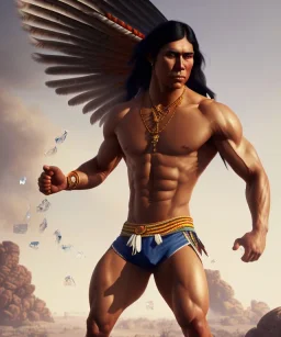 native american warrior, long black hair, standing on shattered glass, big muscles, loincloth, shirtless, 8k resolution concept art portrait by Greg Rutkowski