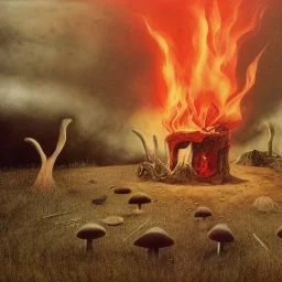 mushroom, photo realism, future, demons fighting, Andrew Wyeth, Gates of Hell, fire, Star Wars