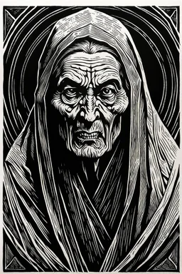 create a deeply powerful evocative, full body woodcut of an angry cursed ancient crone with finely detailed and deeply cut facial features, in the style of KATHE KOLLWITZ , searing lines and forceful strokes, hyper detailed and precisely cut