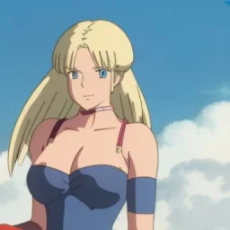 Anime girl, blonde hair, blue eyes, big boobs, big ass, beautiful face, shows cleavage, perfect face, full body in frame, front view