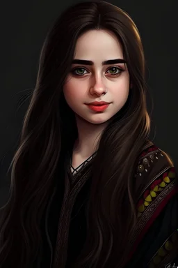 A cute girl,beautiful eyes,long brown hair,dressed in simple embroidered kurta with trouser,black dress,dupatta in neck,Digital art