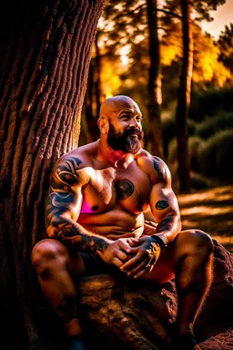 close up photography of a marocan 44 years old seated on a tree trunk in the wood, burly chubby muscular overweight, manly chest, white bulging boxer, shirtless, hairy , golden hour, tatoo,, 35mm lens, f/1.8, accent lighting, global illumination, frontal view from the ground