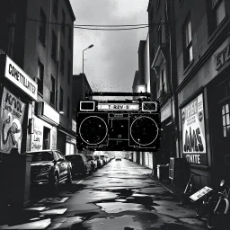 dirty back streets ghettoblaster abstract particles waves length sonic capacity black and white cube