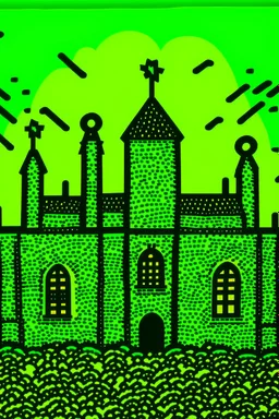A lime green castle in a plasmatic thunderstorm painted by Keith Haring