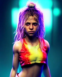 portrait, Shakira, blonde artist, angry, Realistic image, boxing robe, hoodie, mouthguard, nose band aid, loose long hair, eyes make up, perfect, glow, circle iris. Rain, fog, Neon colors, leds, geometric shapes. Dark background, photo studio, neon lights. concept art, smooth, unreal engine 5, god lights, ray tracing, RTX, lumen lighting, ultra detail, volumetric lighting, 3d, finely drawn, high definition, 4k.