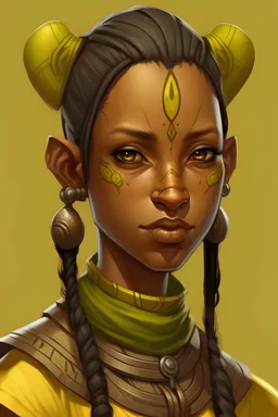 Generate a dungeons and dragons character portrait of the face of a young female Githyanki. githyanki were tall and slender humanoids with rough, leathery yellow skin and bright yellow eyes that were sunken deep in their orbits. They had long and angular skulls, with small and highly placed snake like noses, and ears that were pointed and serrated in the back side. They typicall had white braided hair, which they styled in topknots. Their teeth were pointed. They did martial arts