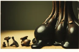 Photography polaroid close-up of several shapes, elongated lines and object, massive odd Yves Tanguy incomprehensible style, Surrealism. On the left, there are other lower shapes, similar to tools or mechanisms, randomly arranged, glossy, organic, creepy tumor mass growing, strong texture, fiotti di liquido nero, horror, panic, obsessive, hypnotic