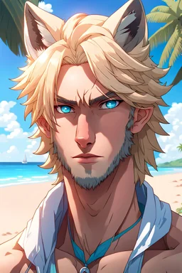 The beautiful and perfect portrait is on the tropical island, anime, anthropomorphic wolf, a blonde-haired and pale blue-eyed male character on the beach for the magazine, 8K resolution, high quality, ultra graphics, and detailed with lines.