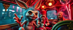 close up portrait of hairy fluffy polymer clay cute happy excited gesticulating alien monster banana bunny with realistic human colored and textured skin, and long sleek limbs and with studio lights, on a luxury ornate neon buss with strange graphitti and tatooes, talking to a wise man, buss is full of smoke, and bright beams from the sky