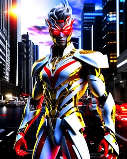 Stunning hyper-realistic anime illustration Powerful male protagonist dressed in striking white, red, black and gold outfit, with obsidian patterns with gold details that emits fascinating energy. Muscular, toned physique accentuated with sleek lines and details. Futuristic cityscape background that contrasts beautifully with her bold outfit. Masterful combination of sci-fi anime aesthetics and 3D rendering