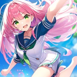 Clear focus,8k,Beatiful Lighting, pink long fluffy hair, long fluffy bangs, green eyes, wearing a sailor uniform, jumping, happy