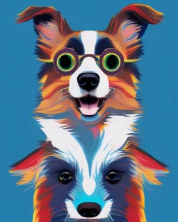 Vibrant, fun t-shirt design of a stylish Australian Shepherd dog with cool sunglasses and relaxed demeanor. The coat is a gradient mix of blue, red and white. The background is a fun red heart-shaped silhouette. The overall design is visually striking and would turn heads on a (((black t-shirt)))