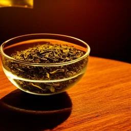 cinematic shot of tea leaves inside a glass bowl, glass, crystal, dewdrops, warm lighting, soft lighting, sunbeam, linen