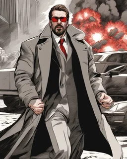 a young man with big muscles who looks like hans gruber wearing a heavy coat and red sunglasses staring with an irritated look on his face standing in front of a large explosion