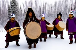 One Northern Native Gaffer. Indigenous, birch-bark face-cover, Kekripukki, carrying drums made of birch-park, Scary Horns, Midwinter, Ghost, Mystic, Haunted Children, The children are dead, Witch, Wizard, Sage. Traditional Costumes are white with red ornaments and patterns. Faces are painted with purple and green. Arctic Hills, Strange trees, Haunting Atmosphere, Crazy, North-Carelia, Karelia, Karjala, Karjalainen, traditional Carelian costumes, black tears,