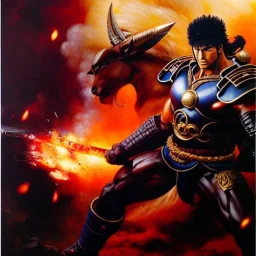 portrait 'Raoh-Fist of the north star',ancient metal armor ,painting by gaston bussiere, greg rutkowski, yoji shinkawa, yoshitaka amano, tsutomu nihei, donato giancola, tim hildebrandt, oil on canvas, cinematic composition, extreme detail,fit full head inside picture,16k