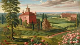 A rose pink kingdom near a farmland painted by Michelangelo di Lodovico Buonarroti Simoni