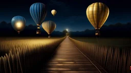 a wooden path on an empty field at night with hot air balloons on the path itself