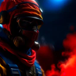 red smoke, portrait of a ultra ninja with mask off entering under a big air ship, photo-realistic, shot on Hasselblad h6d-400c, zeiss prime lens, bokeh like f/0.8, tilt-shift lens 8k, high detail, smooth render, down-light, unreal engine, downlight, prize winning