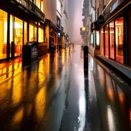 Cyberpunk street view at night, Paris, rain, ground reflection