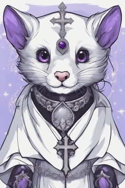 (anthropomorphic white ferret),dressed in ((cleric fantasy)) black and purple clothes with silver holy ornaments, realistic anatomy, holy symbols around, serious face, hold holy cross symbol, tired face, in the style of LOISH, look at the vivewer, blue eyes, cute face, 2d, ink lines, fantasy inspire