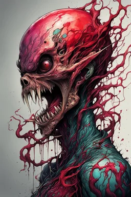 highly detailed full color, concept illustration of a shape shifting anti heroine character , maximalist, sharp focus, highest resolution, in the styles of Alex Pardee, Denis Forkas , and Masahiro Ito, boldly inked, 8k, coarse, gritty textures