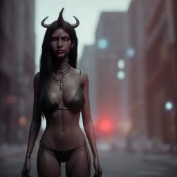 A black-haired tribal woman with demon horns standing on a sidewalk in a cyberpunk city. The woman only has one head