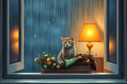 A wide, cinematic digital painting viewed from outside a large rain-covered window. A cat sits inside on a broad windowsill, nestled in a flower-filled planter box and partially wrapped in a colorful blanket. Raindrops streak and bead on the glass, some shaped like delicate teardrops. The cat gazes out with calm curiosity. Behind it, warm candlelight or a soft amber lamp glows, casting golden light on the cat’s fur. The wide window frame allows space on either side, creating a peaceful, balanced