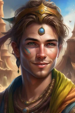 dnd, fantasy, in a desert town, portrait, a young and fun human wizard good looking, happy smiling face