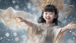 Magical Fantastic young happy Chinese female child, Liquid Structure, Flying snowflakes, excitement, Splash, Portrait Photography, Fantasy Background, Intricate Patterns, Ultra Detailed, Luminous, Radiance, Ultra Realism, Complex Details, Intricate Details, 16k, HDR, High Quality, Trending On Artstation, Sharp Focus, Studio Photo, Intricate Details, Highly Detailed