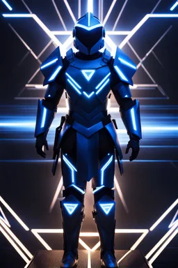 neon blue, floating parts of armor in form triangle of light orbiting behind the back, cyber armor, geometric patterns on armor, male, orbiting triangle