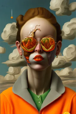 a painting of clouds in orange sunset, by lucian freud and botero, textured, anatomically correct, beautiful woman perfect face, green eyes, sharp focus, highly detailed. desolate background. the royal tenenbaums