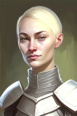 full colour drawing, portrait, 22-year old friendly slender female human cleric, shaved head, blonde eyebrows, grey eyes, wearing armour