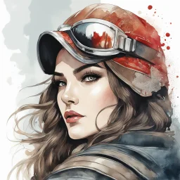 a headshot of a woman with long brown hair, red eyes, brown hawk wings on back, modern setting, bad girl vibe, intricately detailed, watercolor splash art style