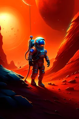 Brave astronaut standing on Mars, digital painting masterpiece by Ruan Jia and Ross Tran. Trending riding with an anime cat in his helmet while playing a electric guitar at sunset trendingance pixiv artstation deviantart UHD 4K 8k HDR splash screen space background concept sketch inspired psychedelic posterized illustration whimsical surrealism fantasy aesthetic octane render volumetric lighting style of High
