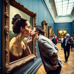 Mona Lisa comes out of the picture and kisses a young man who is standing in the museum looking at her picture