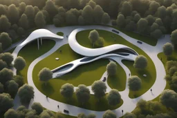 Vista aérea parque, árboles, senderos, kioscos, bancas, gente, Arquitectura minimalista estilo Zaha Hadid, calidad ultra, 3D 8k