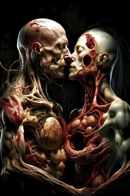 cinematic gore photorealistic fleshy dmt lsd photo of 2 bodies making love, 1 male 1 female, 1 soul, complementary, anatomically fragmented, ripped apart again being flayed, skinned alive. A beating heart, muscles, blood vessels, bowels, entrails are exposed. anatomy. physiology. Bosch and Dali inspired hallucinations. mythology. grotesque.