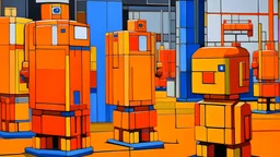 An orange robot factory painted by Piet Mondrian