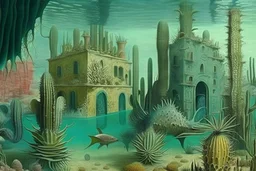 a fantastic underwater city with cactus houses by artists "Leonora Carrington" and "Piranesi"