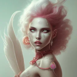 Fire witch, intimidating beauty, round face, pale skin, wild curly pink hair, red eyes, pink and red eyeshadow, pink glossy lips, wearing a pink witch, wearing a red crystal necklace