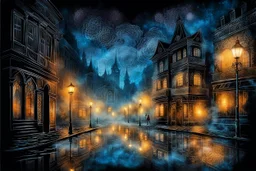 wide shot from unique made of lace, street scene behind a foggy glass, blurred silhouettes, impasto, long exposure, night, ink painting stunning landscape of different elements, epic glowing night background fantasy, highly detailed , masterpiece deep surreal background, cinematic