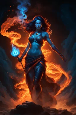 The female Shadow of Death using the staff of destruction. sexy. blue fire and orange smoke. fantasy art, Cinematic lighting, Volumetric,, lighting, Epic color composition, the hole naked truth, octane render, Mark Brooks and Dan Mumford, comic book art,