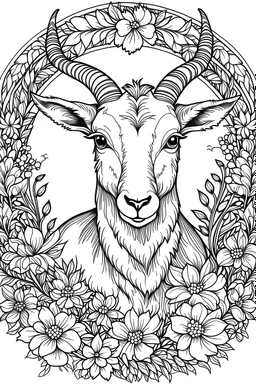 portrait of goat and background fill with flowers on white paper with black outline only, style mandala