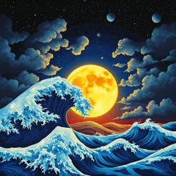 Pointillist artwork. Medium shot. Animated waves and storm clouds partially occlude the huge moon in a nighttime sea storm. Wide angle lens. Mikalojus Konstantinas Ciurlionis inspired pointillism with Miriam Schapiro's vibrant colors. Geometric shapes and patterns reminiscent of Naomi Okubo's style. Screen print textures and pop art aesthetic. Triadic colors with blue, yellow, and red hues. Golden hour glow with symmetrical composition. 8k resolution, highly detailed, trending on Artstation, fol
