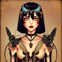 Full Body, Art Nouveau Woman With A Bob With A Fringe Hairstyle, Cleopatra Clothing, Steampunk Metal moth with red wings, Black Background