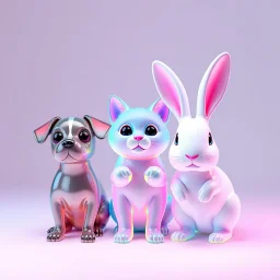 Colored translucent 3D small dog, cat, and rabbit displayed side by side funny poses, smooth glass and acrylic materials, pastel and neon color palette, clean minimalist background, soft studio lighting, refractive and reflective surfaces, product render style, cinema 4D, redshift, high detail, centered composition.